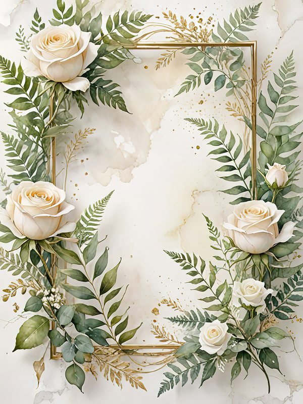 Watercolor White Roses Digital Paper: Gold Frame Floral JPGs (Commercial Use) — image 3