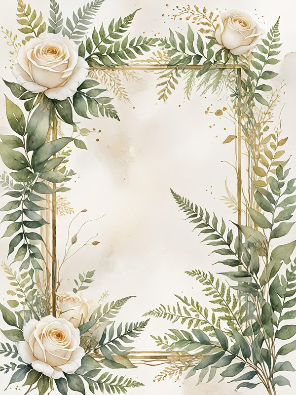 Watercolor White Roses Digital Paper: Gold Frame Floral JPGs (Commercial Use) — image 4