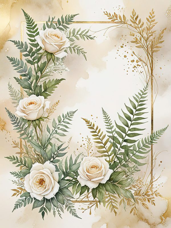 Watercolor White Roses Digital Paper: Gold Frame Floral JPGs (Commercial Use) — image 6