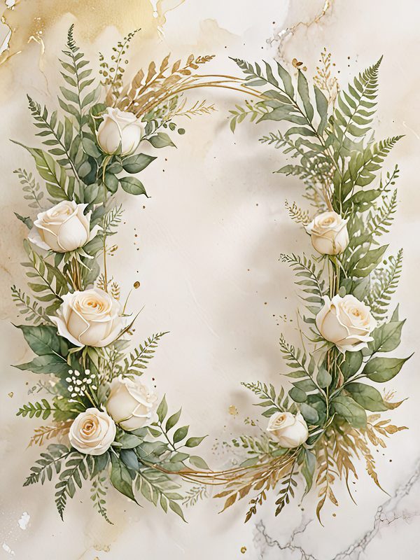 Watercolor White Roses Digital Paper: Gold Frame Floral JPGs (Commercial Use) — image 7