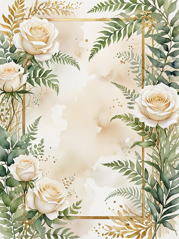 Watercolor White Roses Digital Paper: Gold Frame Floral JPGs (Commercial Use) — image 8