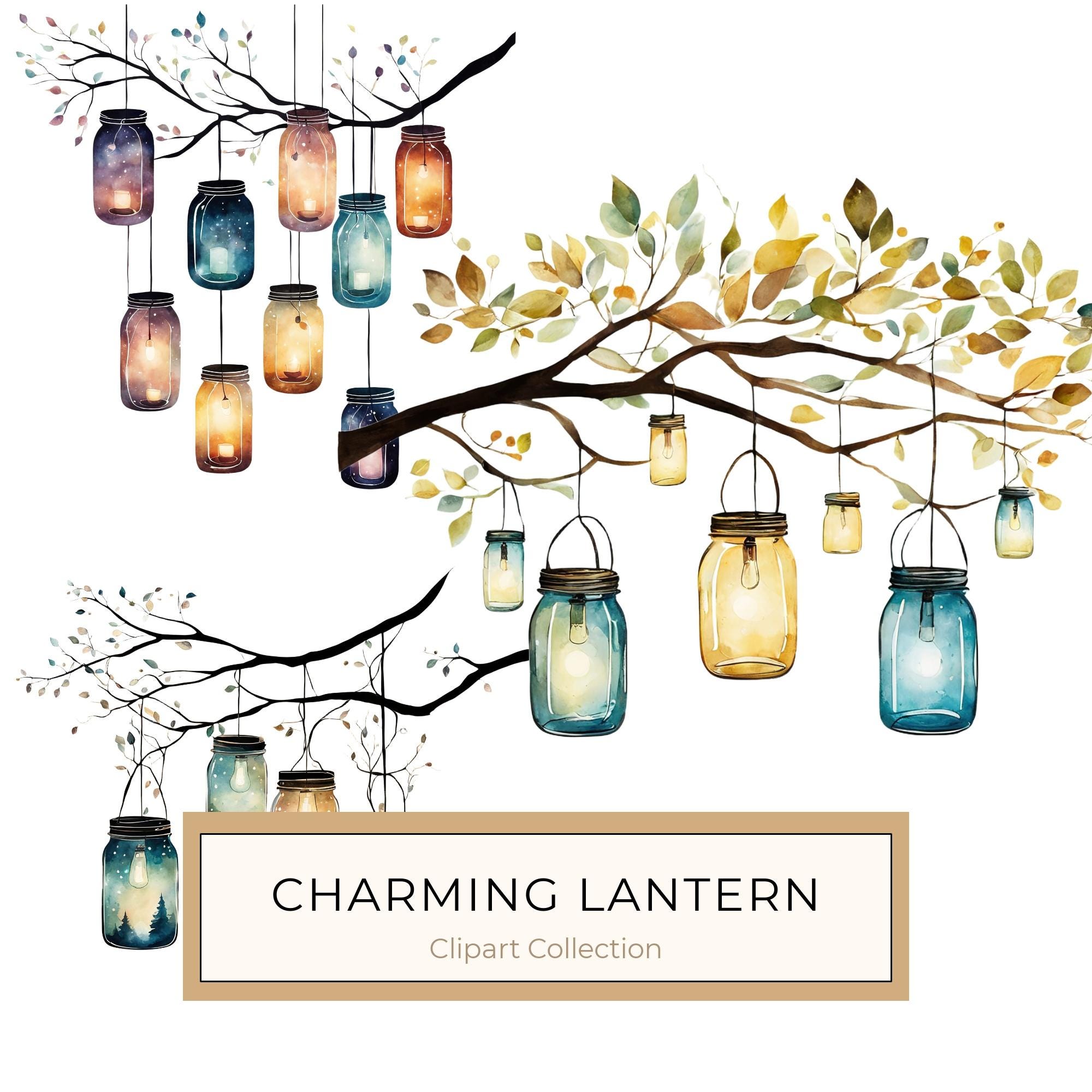 Watercolor Lantern Jars Digital Paper: Leafy Branch Scrapbook Art (JPGs)