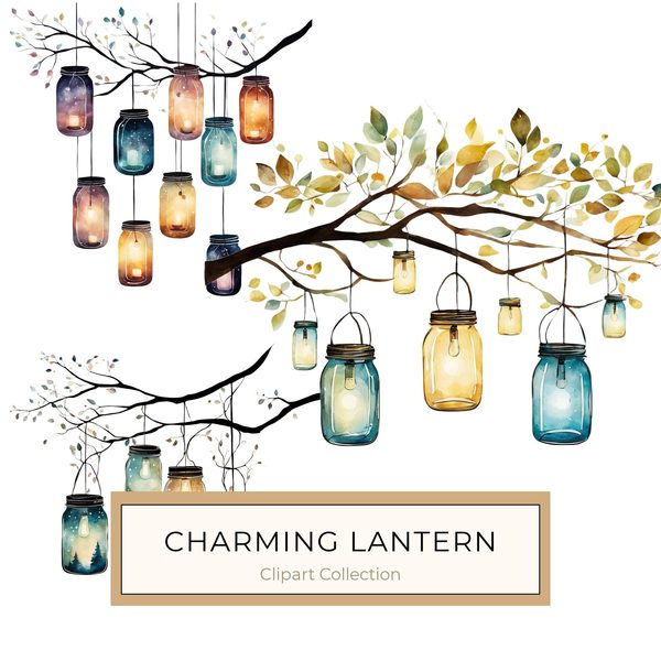 Watercolor Lantern Jars Digital Paper: Leafy Branch Scrapbook Art (JPGs)