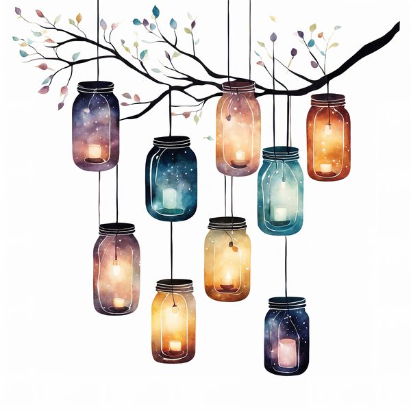 Watercolor Lantern Jars Digital Paper: Leafy Branch Scrapbook Art (JPGs) — image 1