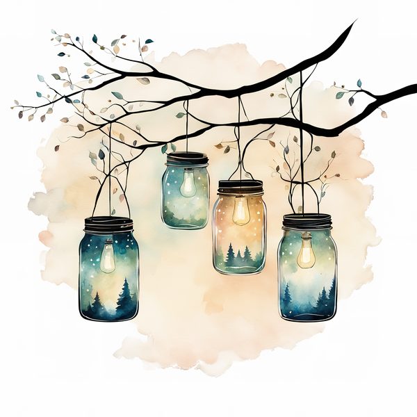 Watercolor Lantern Jars Digital Paper: Leafy Branch Scrapbook Art (JPGs) — image 2
