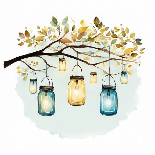 Watercolor Lantern Jars Digital Paper: Leafy Branch Scrapbook Art (JPGs) — image 3