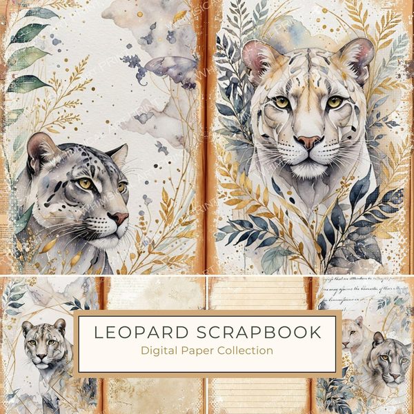 Watercolor Leopard Junk Journal Pages: Scrapbook Paper (Digital Download)