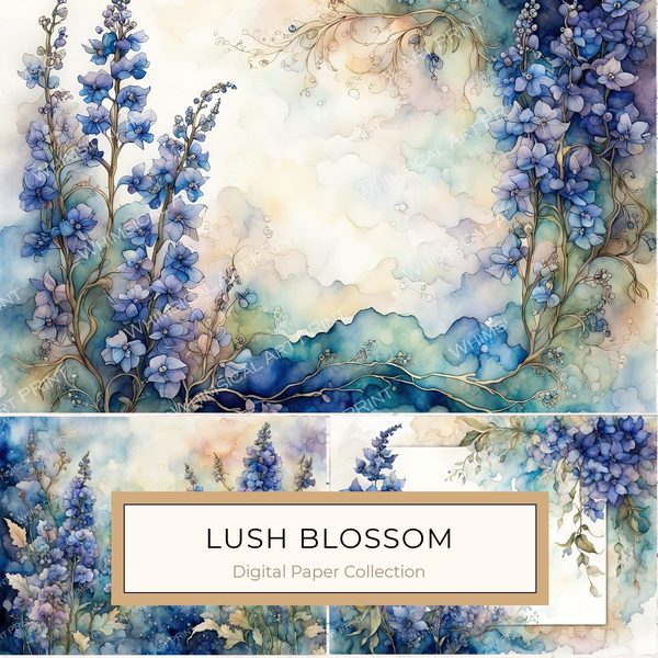 Watercolor Delphinium Floral Paper Set, 8.5x11 (Digital Download)