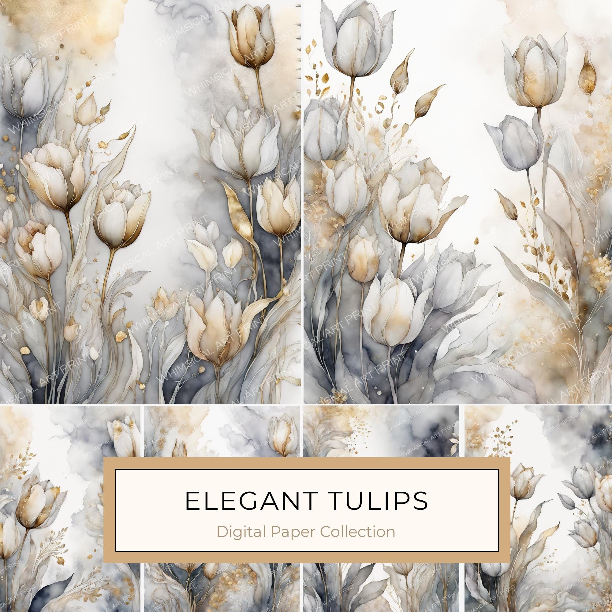 Watercolor Tulips Digital Paper: Neutral Wedding Stationery (8.5x11in JPG)