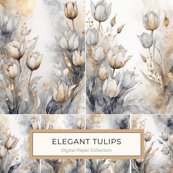 Watercolor Tulips Digital Paper: Neutral Wedding Stationery (8.5x11in JPG)