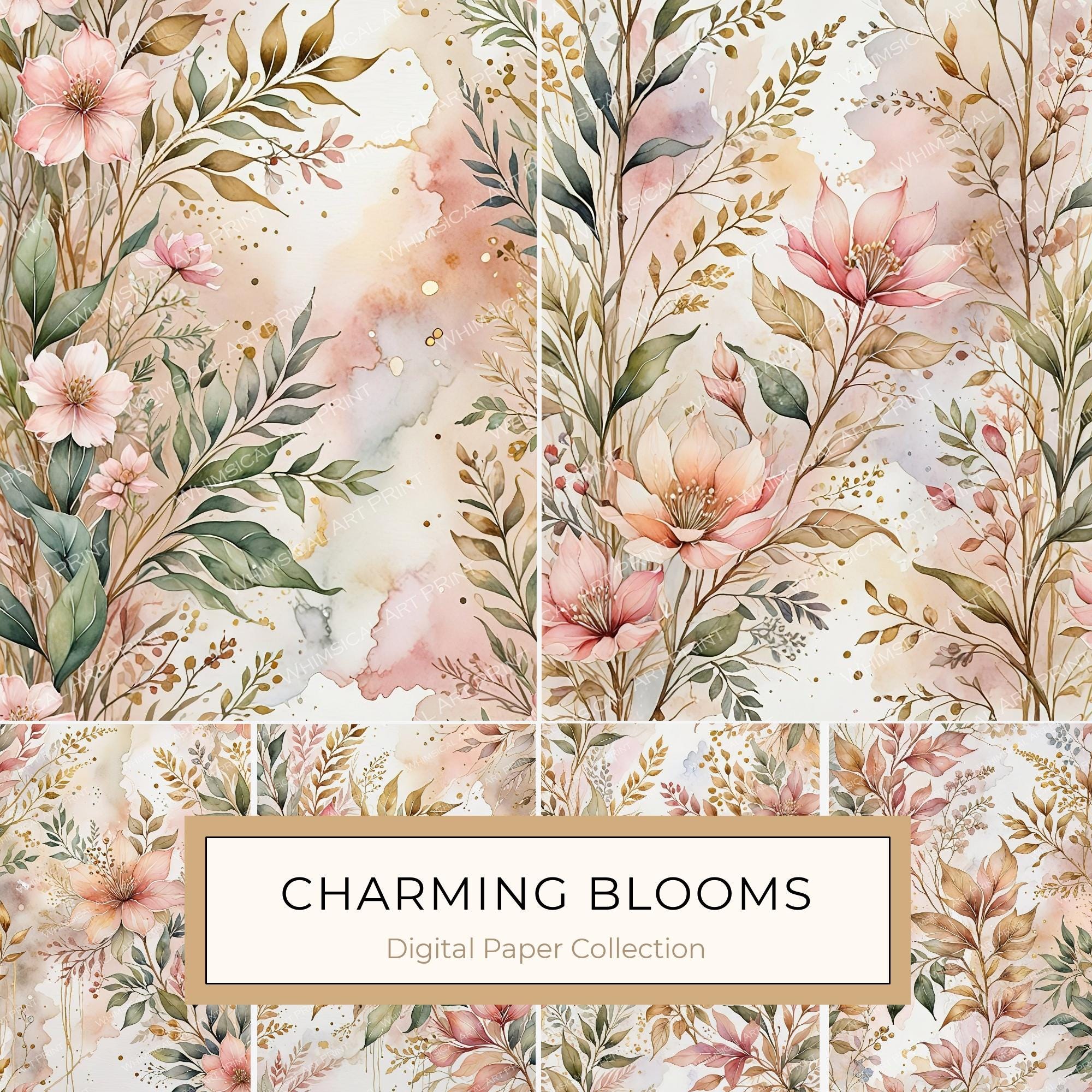 Watercolor Floral Digital Paper: Soft Pink Blooms (JPGs, Commercial Use)