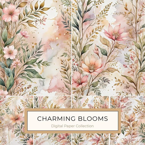 Watercolor Floral Digital Paper: Soft Pink Blooms (JPGs, Commercial Use)