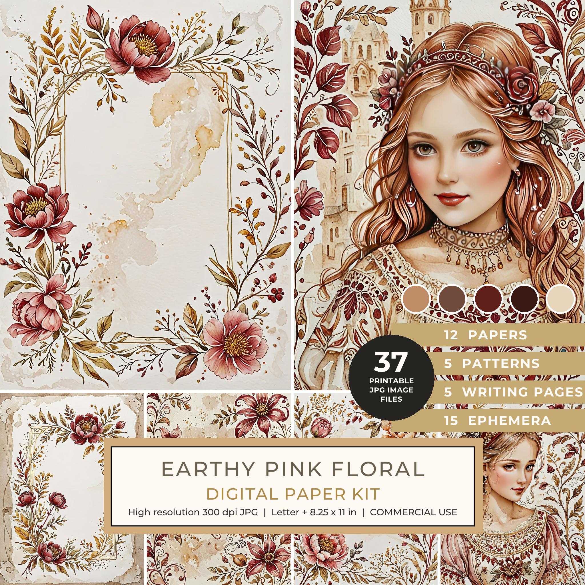 Earthy Pink Floral Watercolor Digital Paper Kit: Printable Papers, Cards, Tags, Ephemera