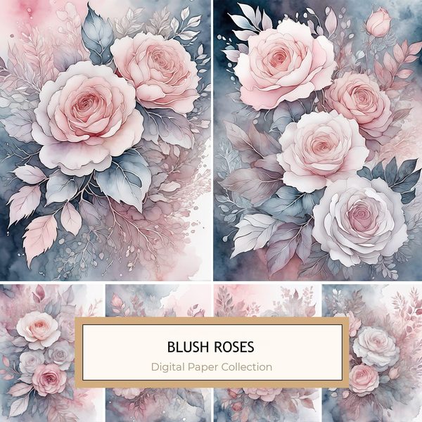 Watercolor Blush Rose Digital Paper Set: Scrapbooking JPGs (Digital Download)