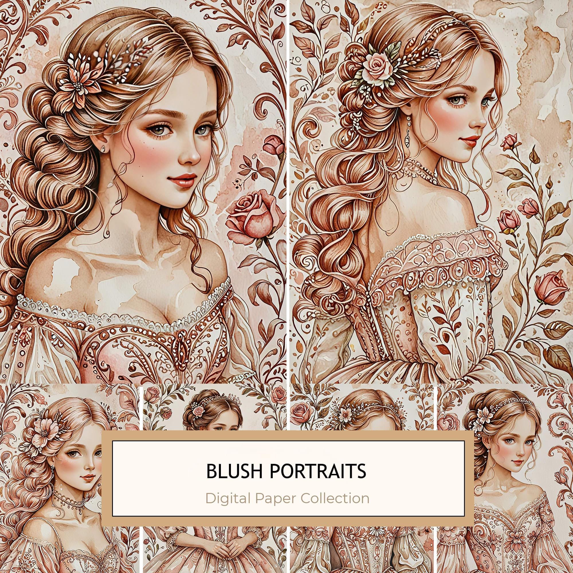 Watercolor Vintage Portrait Digital Paper: Beige & Blush Floral Accents (10 JPGs)