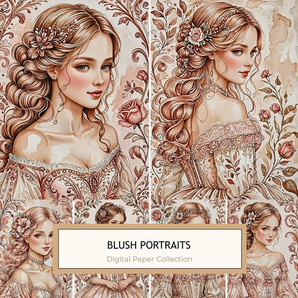 Watercolor Vintage Portrait Digital Paper: Beige & Blush Floral Accents (10 JPGs)