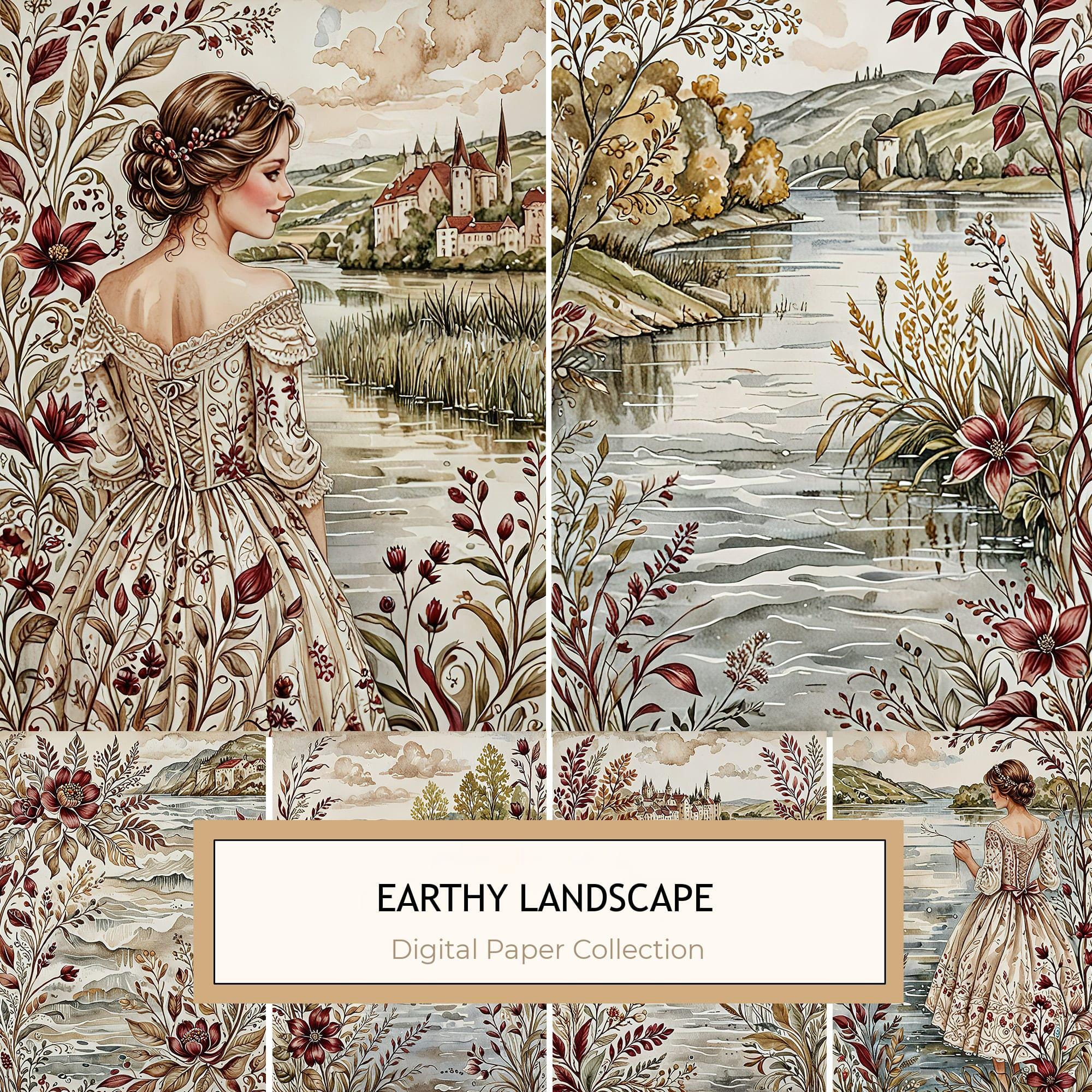 Watercolor Landscape Digital Paper Set: Elegant Lady, Earthy Tones (10 JPGs)