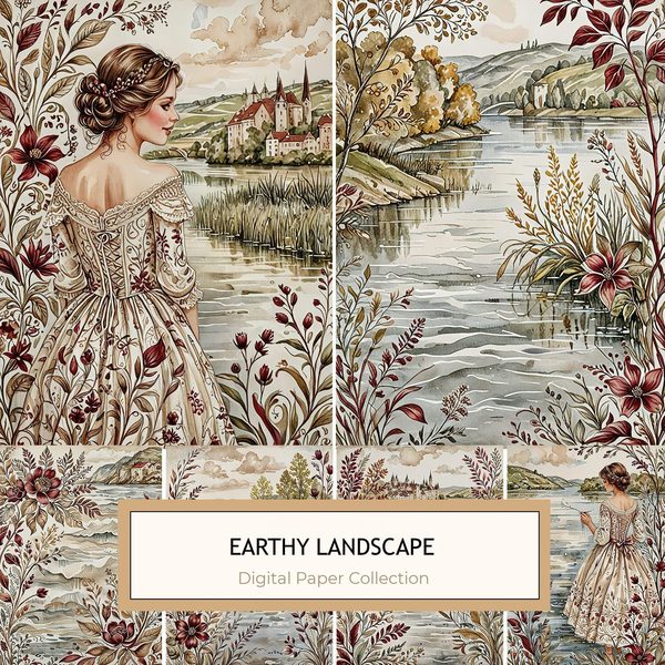 Watercolor Landscape Digital Paper Set: Elegant Lady, Earthy Tones (10 JPGs)