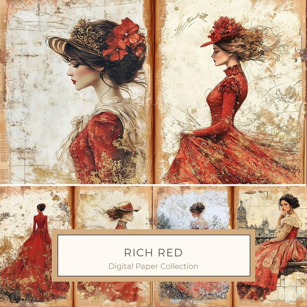 Red & Gold Vintage Ladies Watercolor Paper Set (10 JPGs) (Digital Download)