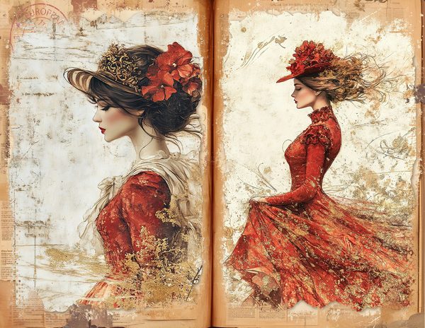 Red & Gold Vintage Ladies Watercolor Paper Set (10 JPGs) (Digital Download) — image 1