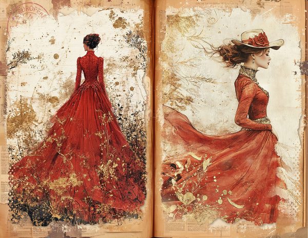 Red & Gold Vintage Ladies Watercolor Paper Set (10 JPGs) (Digital Download) — image 2