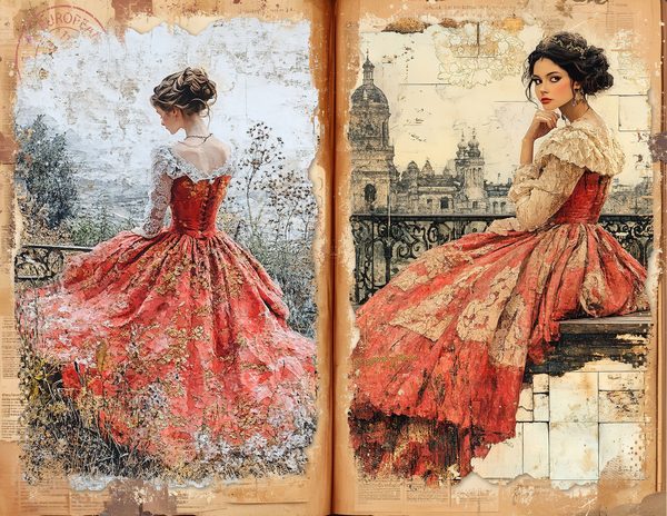 Red & Gold Vintage Ladies Watercolor Paper Set (10 JPGs) (Digital Download) — image 3