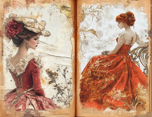 Red & Gold Vintage Ladies Watercolor Paper Set (10 JPGs) (Digital Download) — image 4