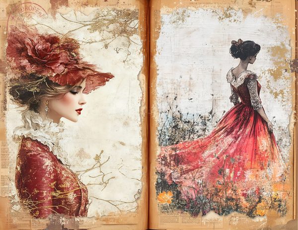 Red & Gold Vintage Ladies Watercolor Paper Set (10 JPGs) (Digital Download) — image 5