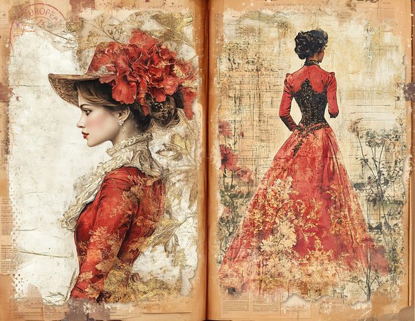 Red & Gold Vintage Ladies Watercolor Paper Set (10 JPGs) (Digital Download) — image 6