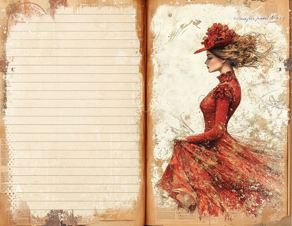 Red & Gold Vintage Ladies Watercolor Paper Set (10 JPGs) (Digital Download) — image 13