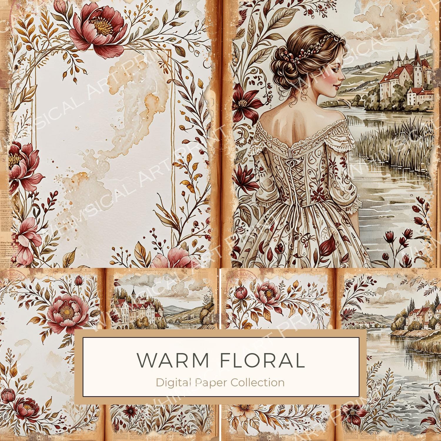 Watercolor Floral Digital Paper Set: Vintage Earth Tones (10 JPGs)