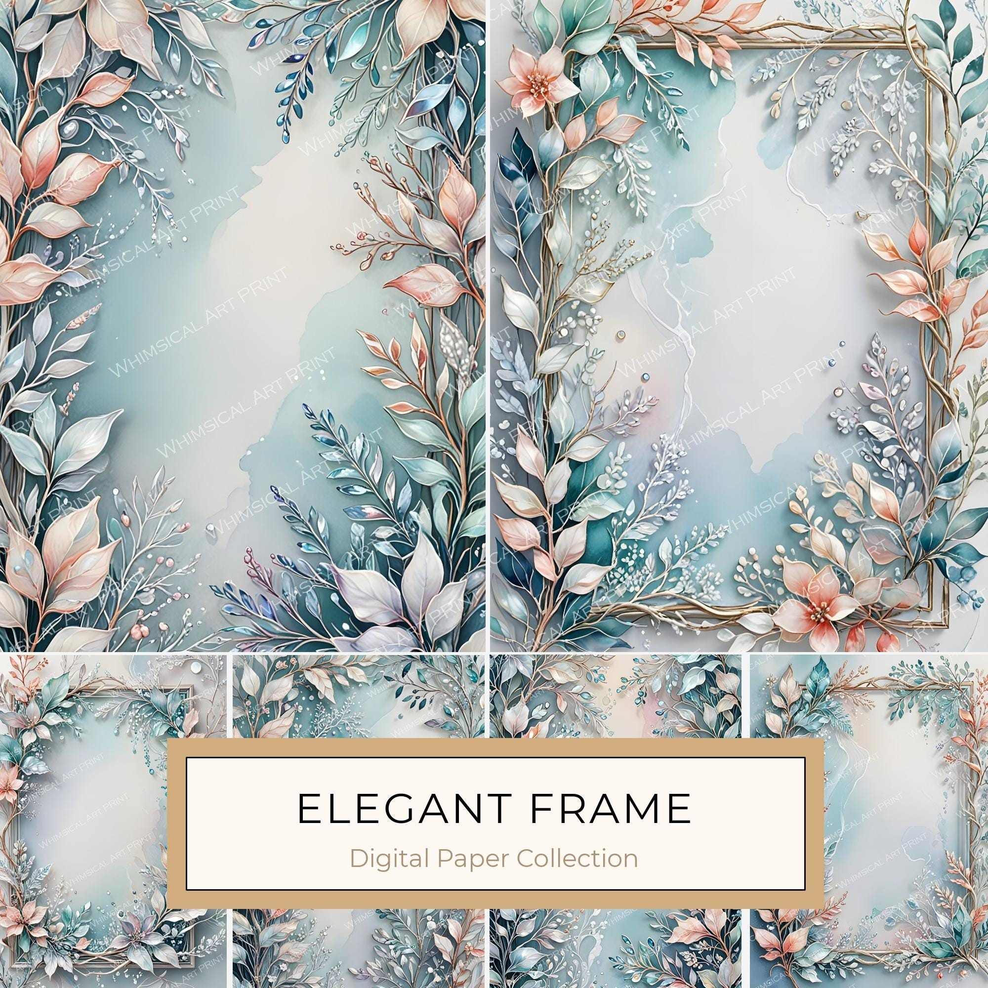 Watercolor Floral Frame Digital Paper Set: Iridescent Soft Colors (10 JPGs) Commercial Use
