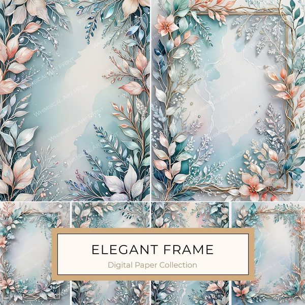 Watercolor Floral Frame Digital Paper Set: Iridescent Soft Colors (10 JPGs) Commercial Use