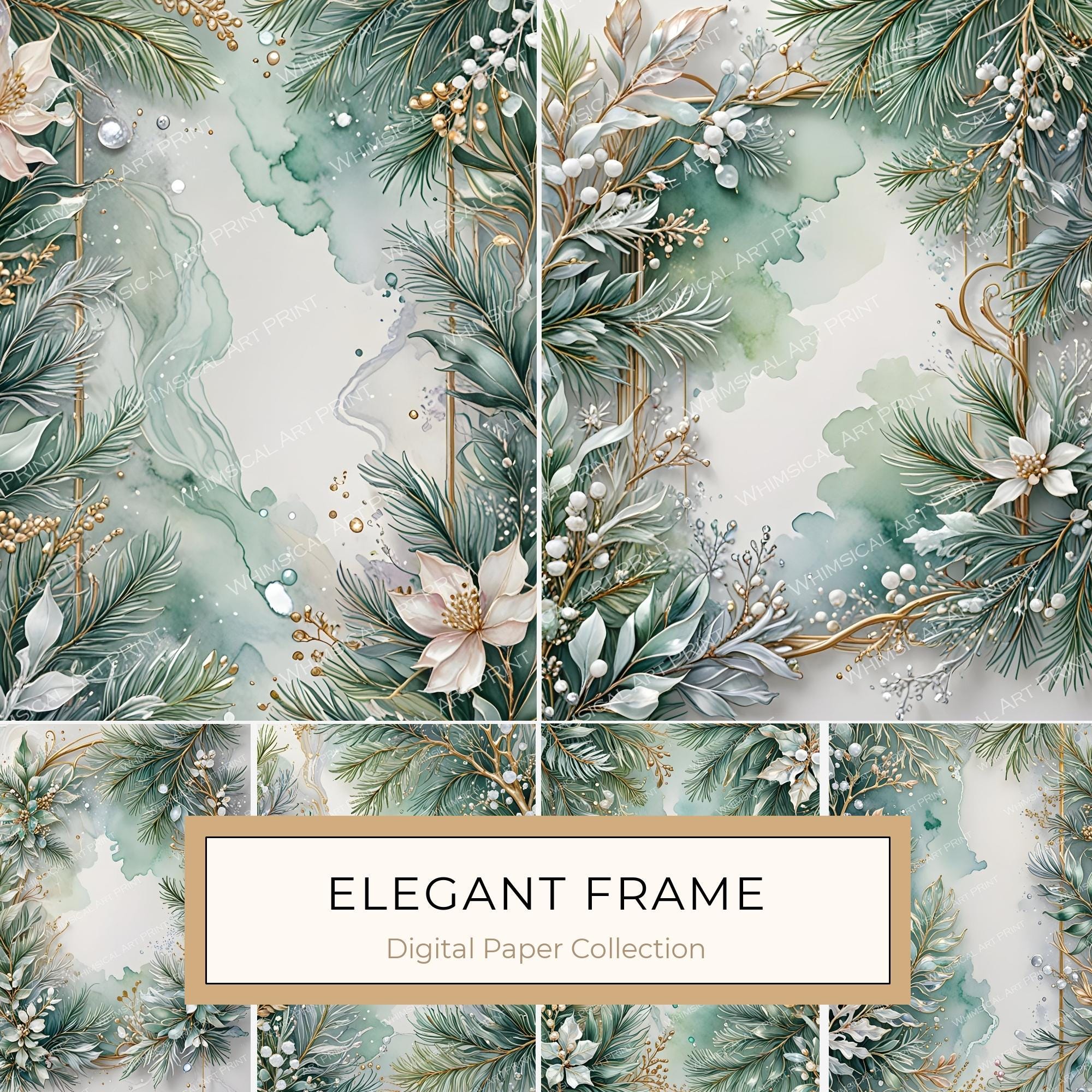 Christmas Pine Frame Digital Papers: Winter Foliage Scrapbooking Background (Digital Download)
