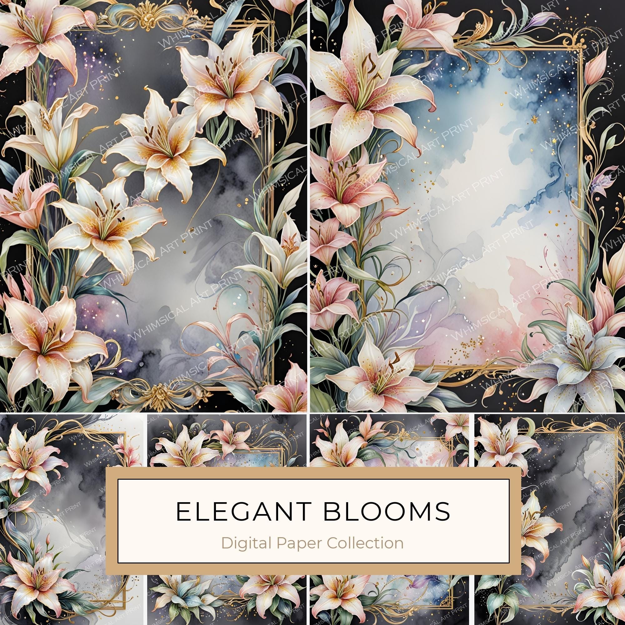 Pastel Stargazer Lily Digital Paper: Gold Frame Watercolor Set (JPGs)