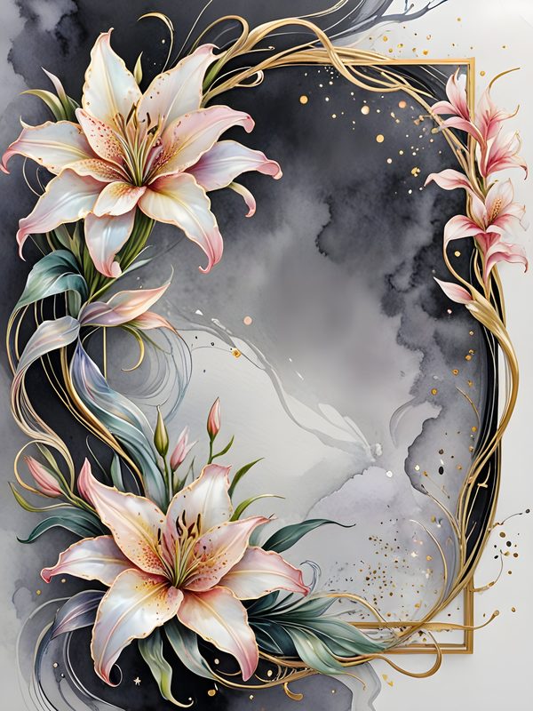 Pastel Stargazer Lily Digital Paper: Gold Frame Watercolor Set (JPGs) — image 1