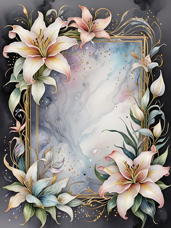 Pastel Stargazer Lily Digital Paper: Gold Frame Watercolor Set (JPGs) — image 2