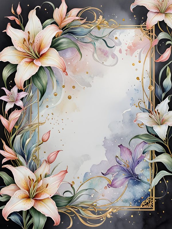 Pastel Stargazer Lily Digital Paper: Gold Frame Watercolor Set (JPGs) — image 3
