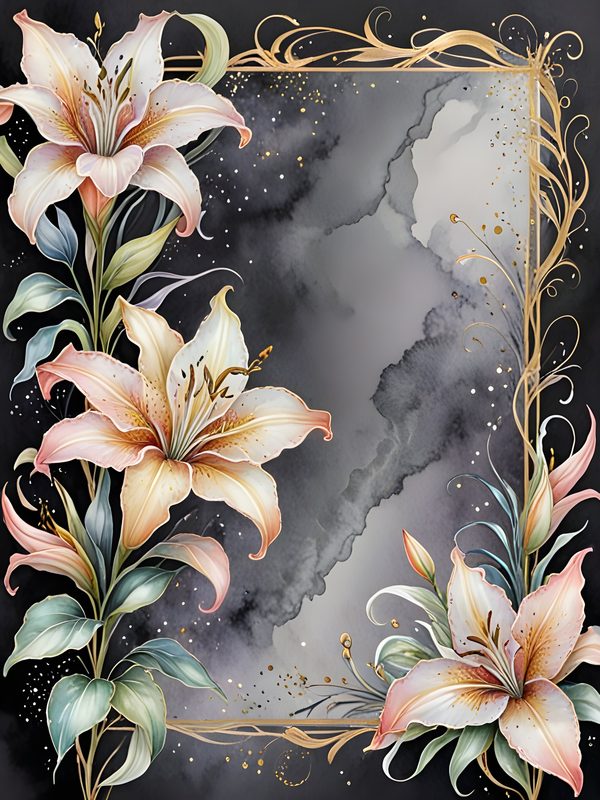 Pastel Stargazer Lily Digital Paper: Gold Frame Watercolor Set (JPGs) — image 4