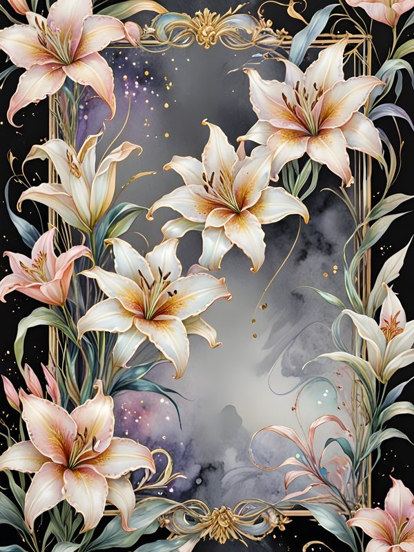 Pastel Stargazer Lily Digital Paper: Gold Frame Watercolor Set (JPGs) — image 5