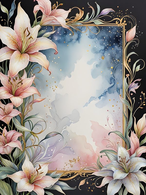 Pastel Stargazer Lily Digital Paper: Gold Frame Watercolor Set (JPGs) — image 6