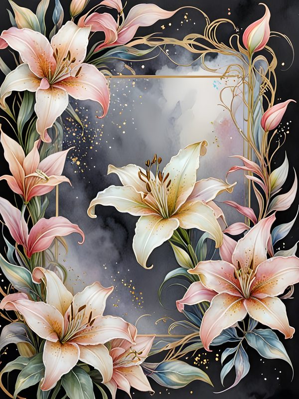 Pastel Stargazer Lily Digital Paper: Gold Frame Watercolor Set (JPGs) — image 7