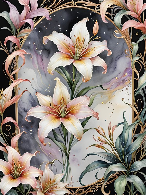 Pastel Stargazer Lily Digital Paper: Gold Frame Watercolor Set (JPGs) — image 8