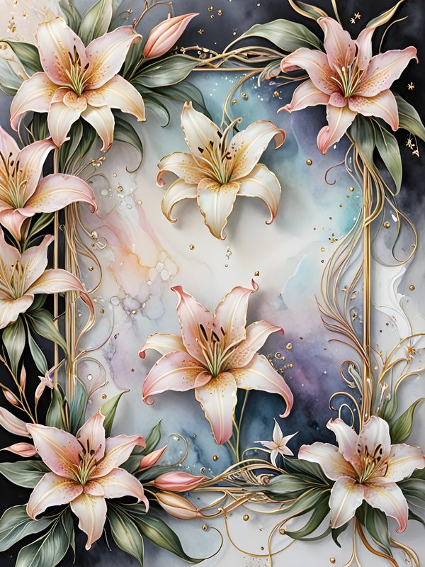 Pastel Stargazer Lily Digital Paper: Gold Frame Watercolor Set (JPGs) — image 11
