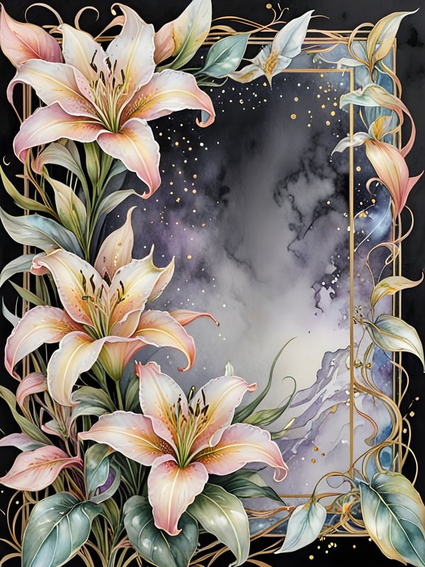 Pastel Stargazer Lily Digital Paper: Gold Frame Watercolor Set (JPGs) — image 12