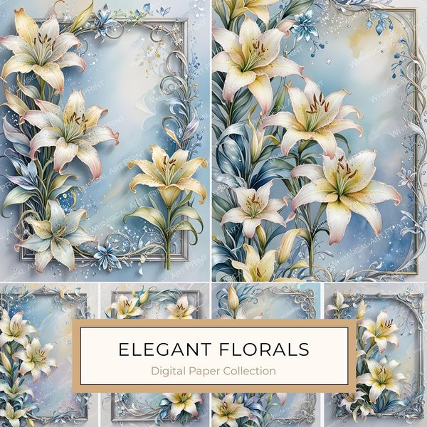 Iridescent Lily Digital Paper: Elegant Floral Scrapbook JPGs (Commercial Use)