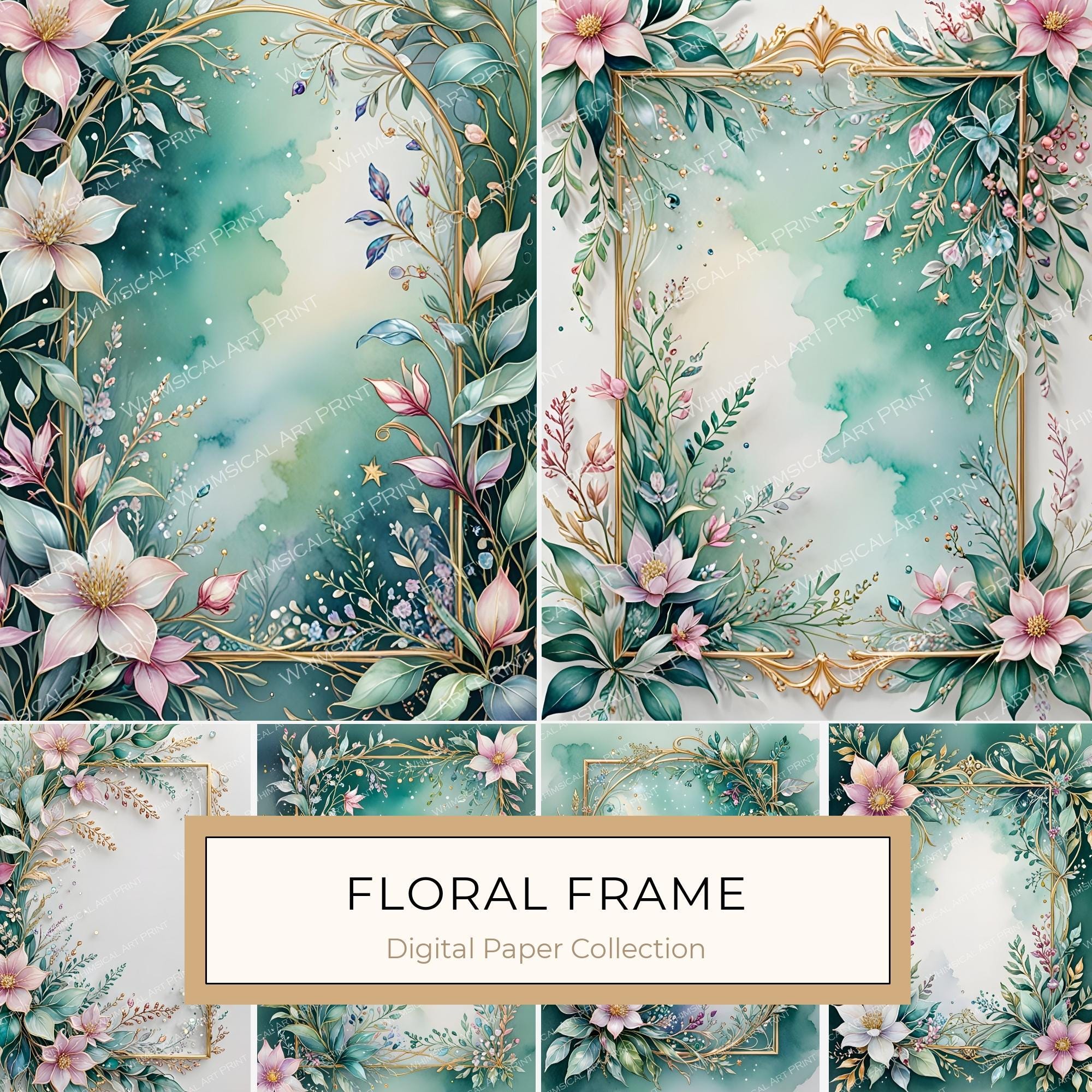 Watercolor Floral Frame: Gold Accents, Pastel Digital Paper (10 JPGs)