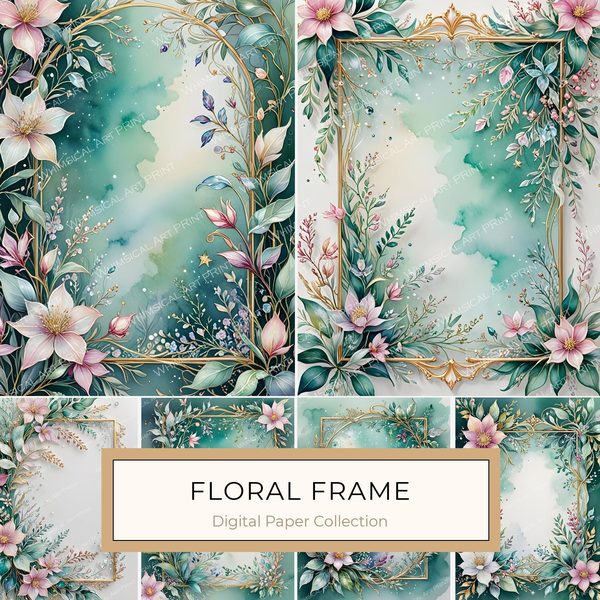 Watercolor Floral Frame: Gold Accents, Pastel Digital Paper (10 JPGs)