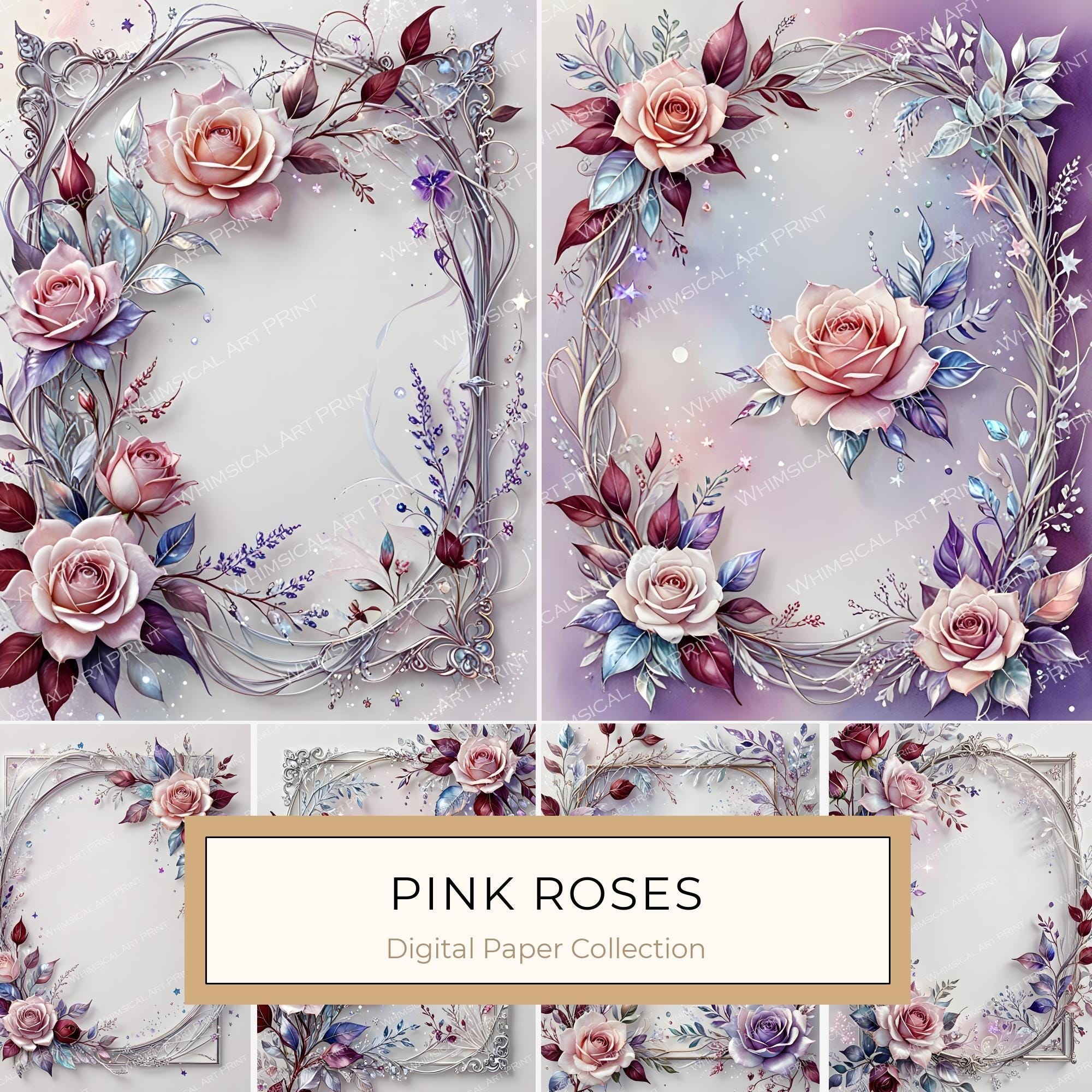 Iridescent Rose Frame Digital Paper: Pink Floral Scrapbook Set (10 JPG)
