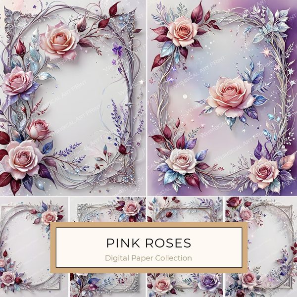 Iridescent Rose Frame Digital Paper: Pink Floral Scrapbook Set (10 JPG)